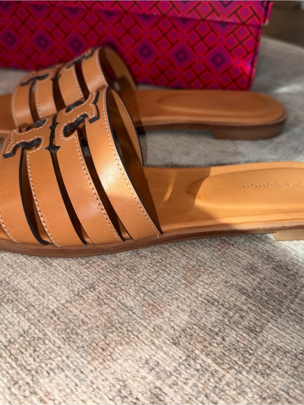 Tory Burch Ines Cognac Leather Triple-Strap Slide Mules - Picture 6 of 16